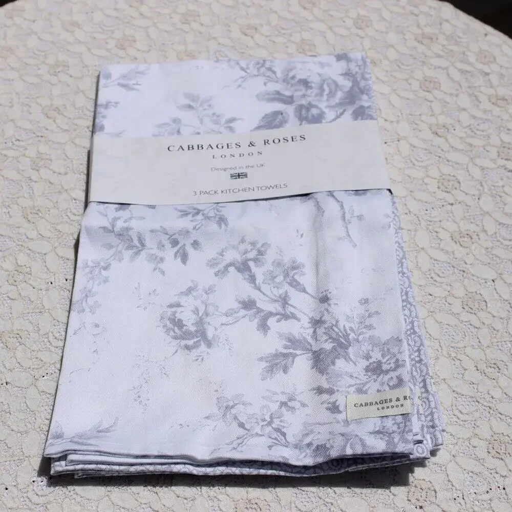 Cabbages & Roses London Kitchen Towel Set 3 Pc 100% Cotton Designed in the UK